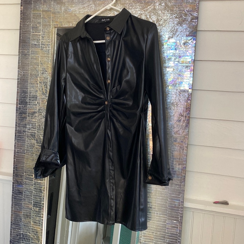 Black pleather Fab’rik dress with cinched waist